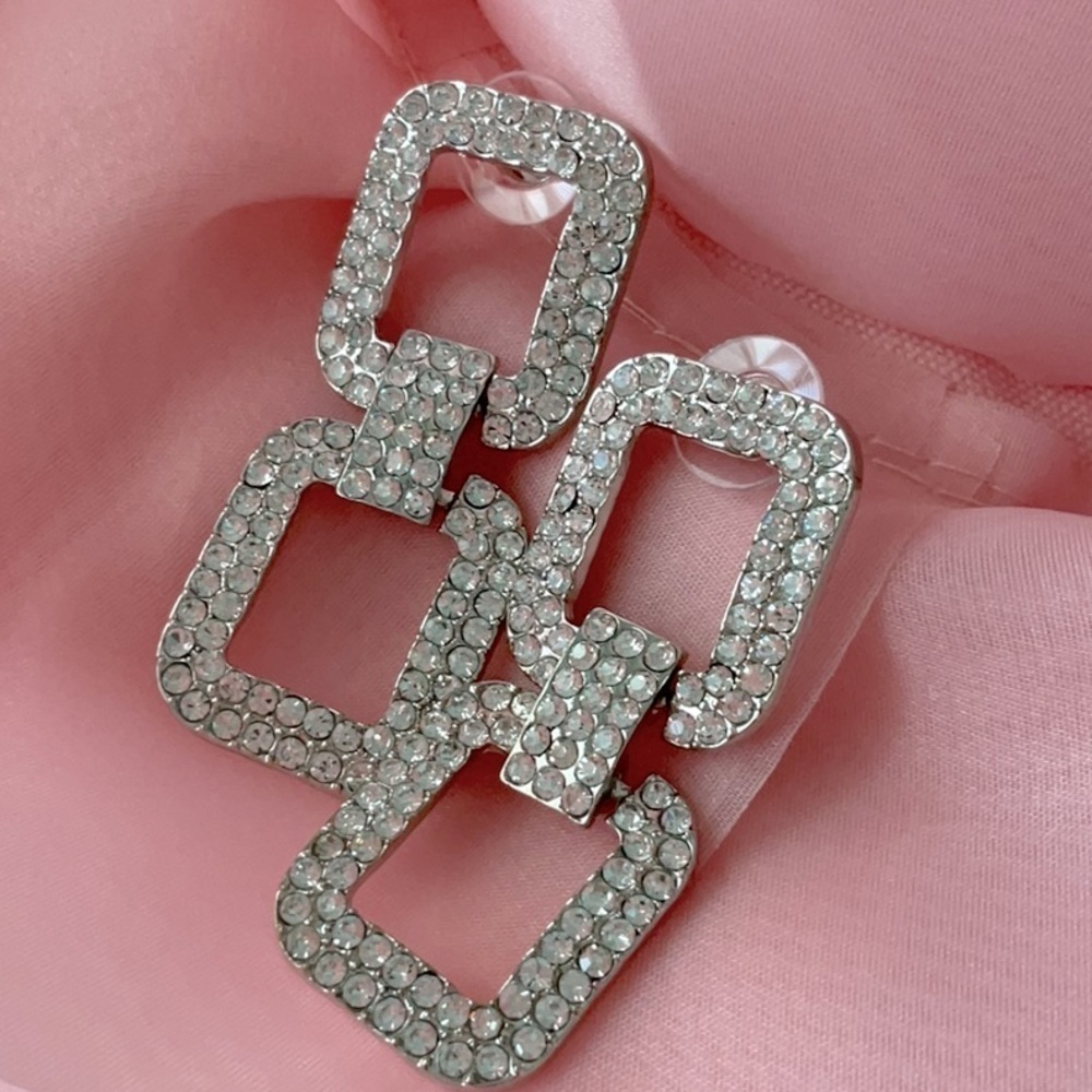 Empradda Silver Rhinestone Double Squared Earrings - image 1